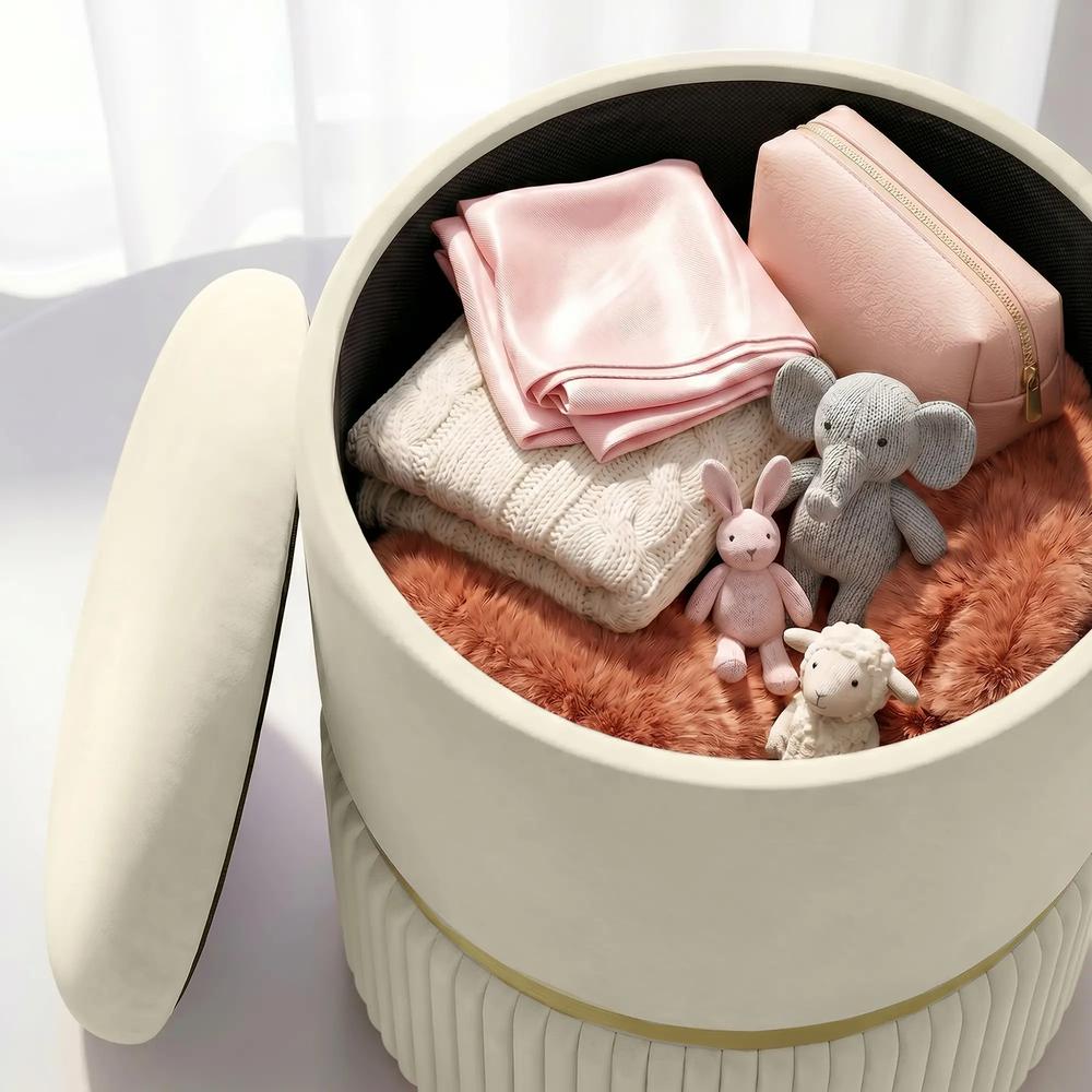 HOMCOM Round Storage Stool, Velvet-feel Fabric Upholstered Vanity Stool with Removable Top, Padded Seat and Hidden Space, Beige Additional View 10