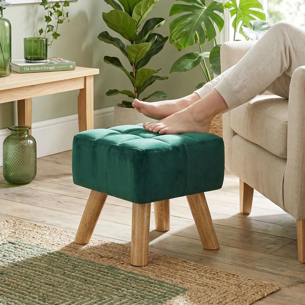 HOMCOM Velvet Square Padded Footstool - Dark Green Additional View 2