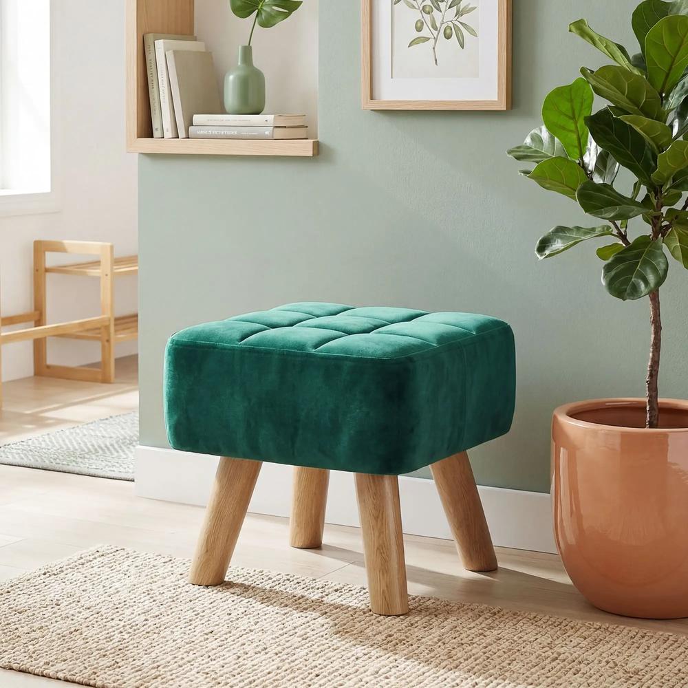 HOMCOM Velvet Square Padded Footstool - Dark Green Additional View 8