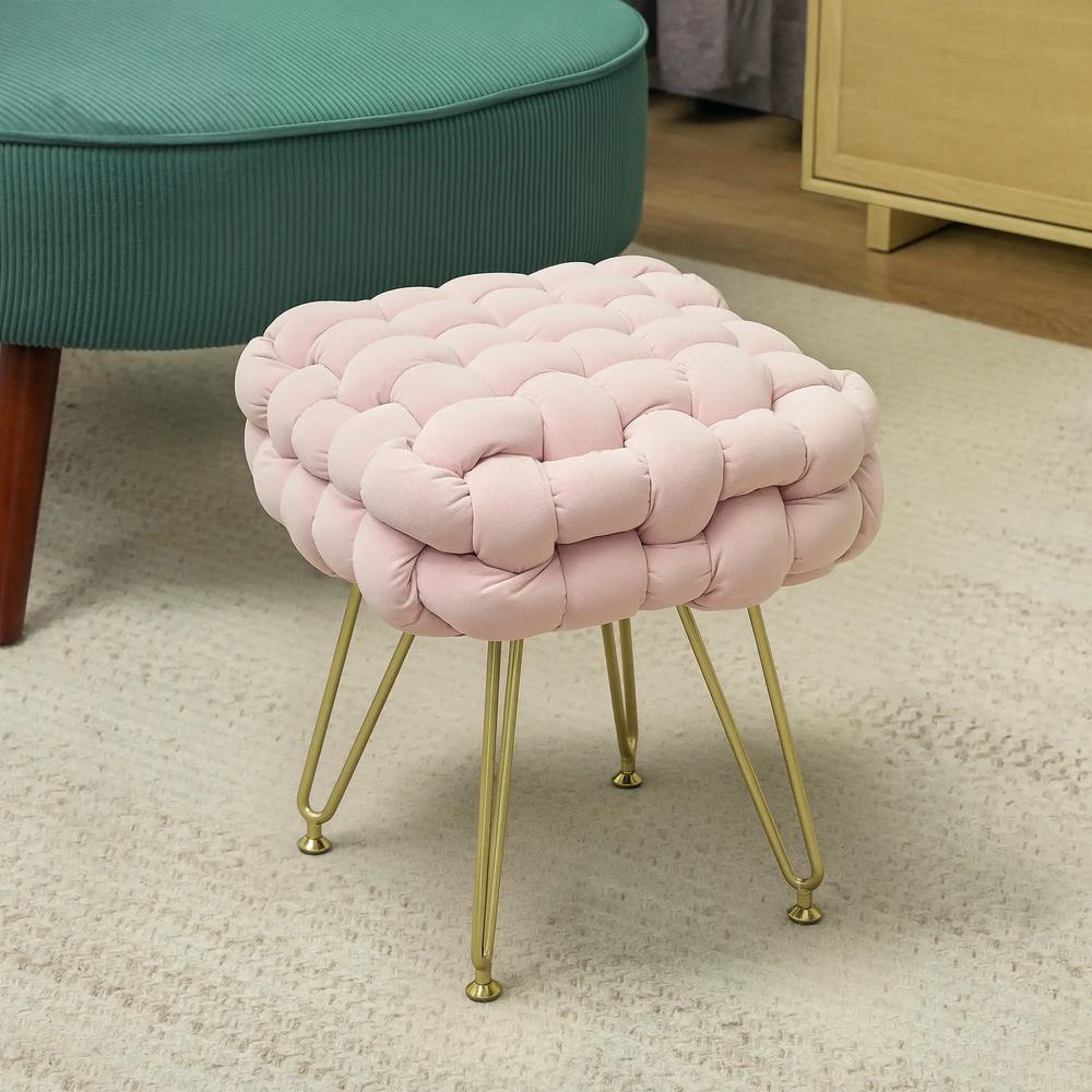 HOMCOM Velvet-Feel Bold Woven Footstool - Pink Additional View 2