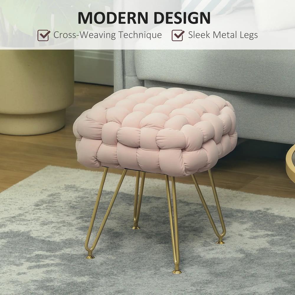 HOMCOM Velvet-Feel Bold Woven Footstool - Pink Additional View 4