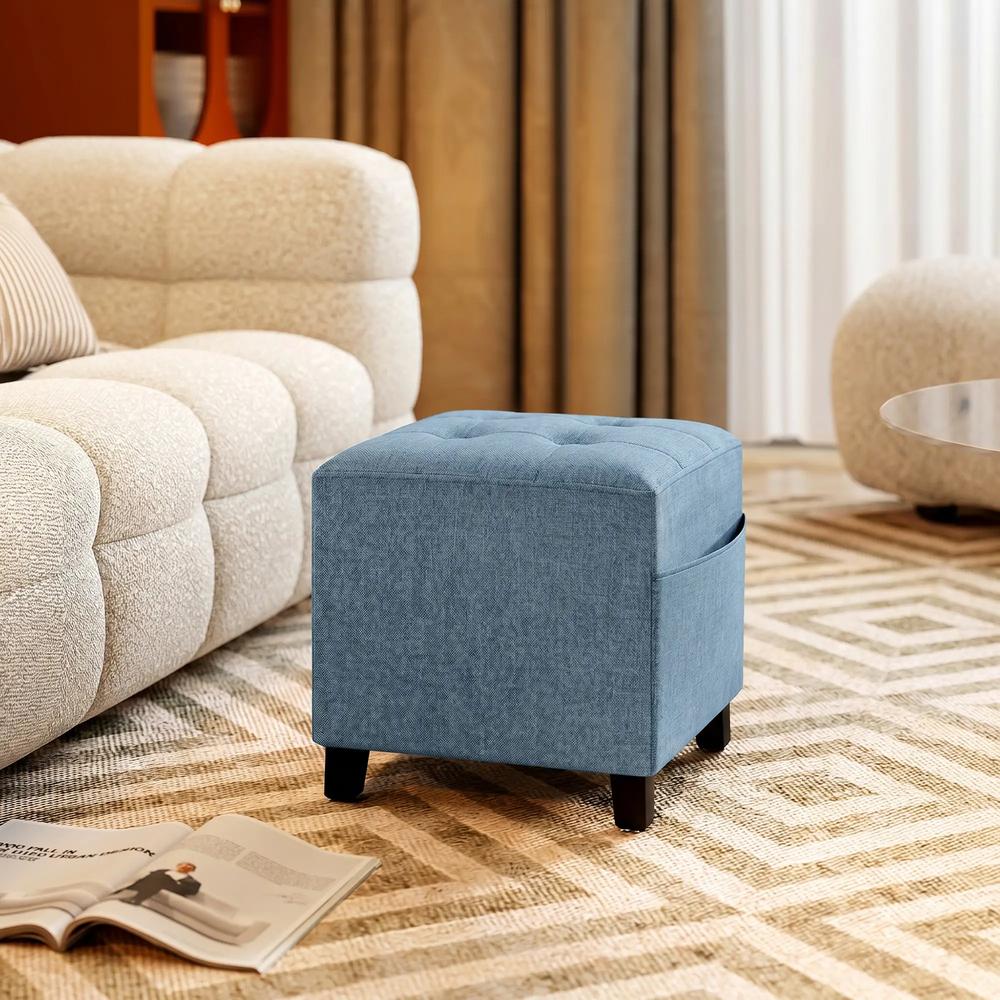 HOMCOM Small Ottoman, Square Footstool with Side Pocket, Rubber Wood Legs and Padded Seat for Living Room Additional View 14