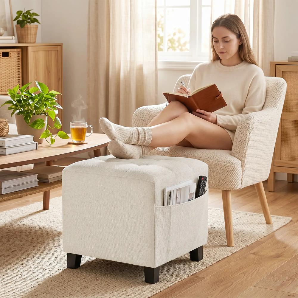 HOMCOM Small Ottoman, Square Footstool with Side Pocket, Rubber Wood Legs and Padded Seat for Living Room Additional View 17
