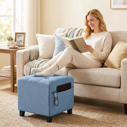 HOMCOM Small Ottoman, Square Footstool with Side Pocket, Rubber Wood Legs and Padded Seat for Living Room Additional View 2