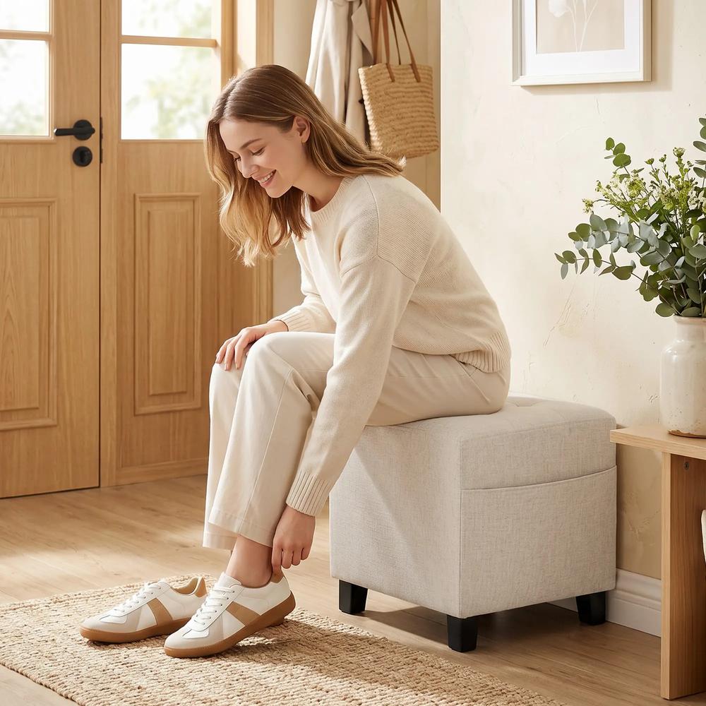 HOMCOM Small Ottoman, Square Footstool with Side Pocket, Rubber Wood Legs and Padded Seat for Living Room Additional View 23