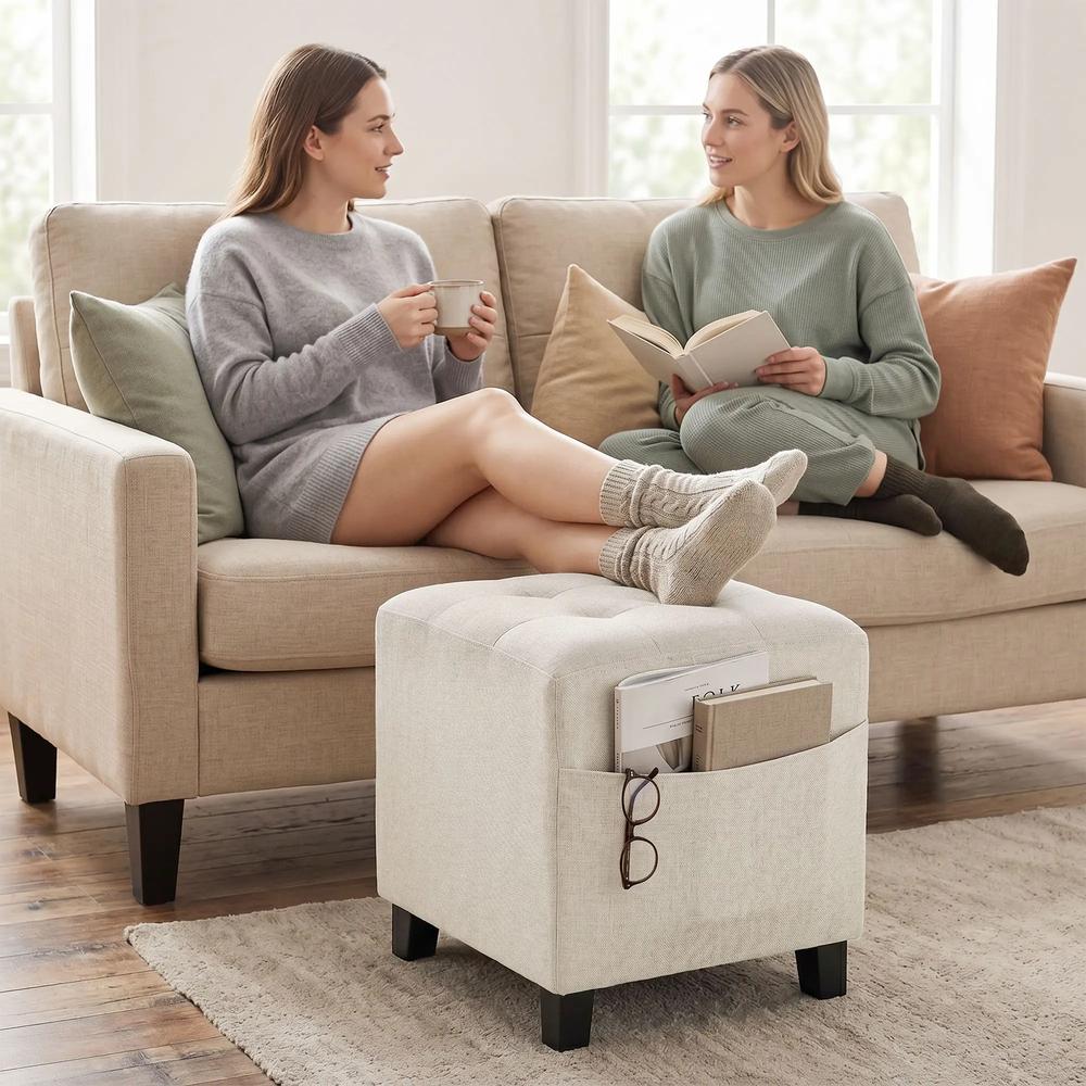 HOMCOM Small Ottoman, Square Footstool with Side Pocket, Rubber Wood Legs and Padded Seat for Living Room Additional View 24