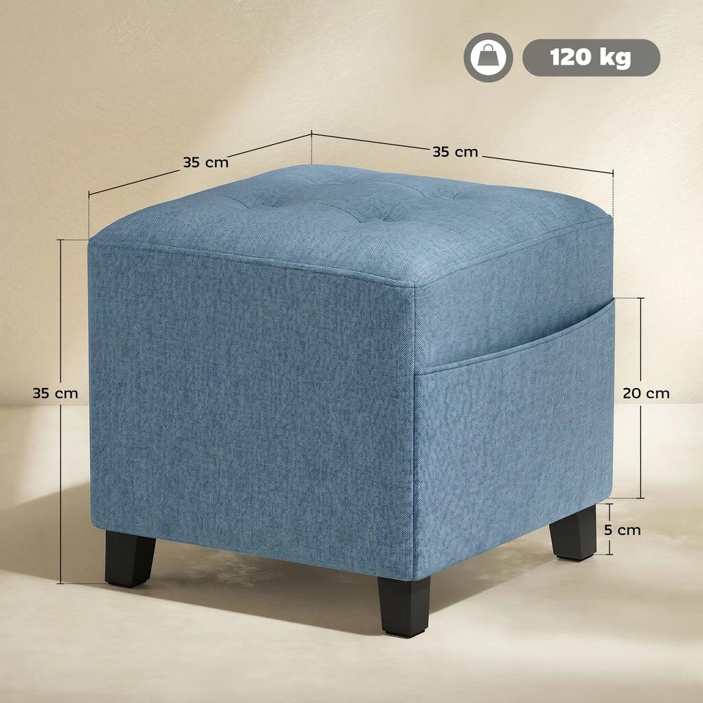 HOMCOM Small Ottoman, Square Footstool with Side Pocket, Rubber Wood Legs and Padded Seat for Living Room Additional View 3