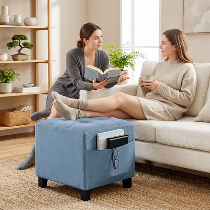 HOMCOM Small Ottoman, Square Footstool with Side Pocket, Rubber Wood Legs and Padded Seat for Living Room Additional View 9