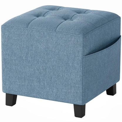 HOMCOM Small Ottoman, Square Footstool with Side Pocket, Rubber Wood Legs and Padded Seat for Living Room