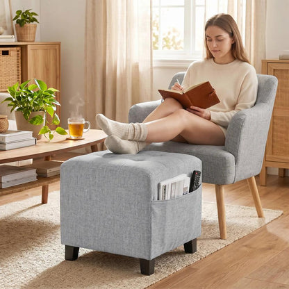 HOMCOM Square Footstool, Small Ottoman with Side Pocket, Linen Fabric Footrest Foot Stool with Rubber Wood Legs and Padded Seat for Living Room, Entryway, 35 x 35 x 35cm Additional View 13