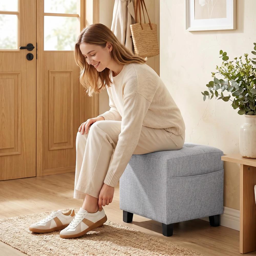 HOMCOM Square Footstool, Small Ottoman with Side Pocket, Linen Fabric Footrest Foot Stool with Rubber Wood Legs and Padded Seat for Living Room, Entryway, 35 x 35 x 35cm Additional View 19