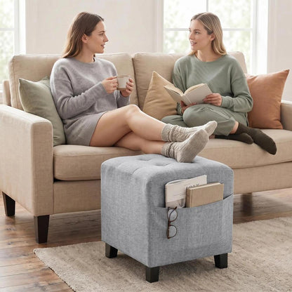 HOMCOM Square Footstool, Small Ottoman with Side Pocket, Linen Fabric Footrest Foot Stool with Rubber Wood Legs and Padded Seat for Living Room, Entryway, 35 x 35 x 35cm Additional View 20