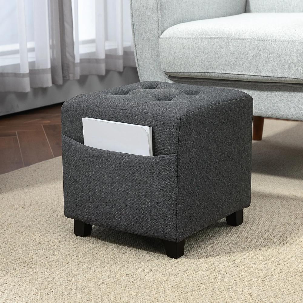HOMCOM Square Footstool, Small Ottoman with Side Pocket, Linen Fabric Footrest Foot Stool with Rubber Wood Legs and Padded Seat for Living Room, Entryway, 35 x 35 x 35cm Additional View 2