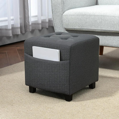HOMCOM Square Footstool, Small Ottoman with Side Pocket, Linen Fabric Footrest Foot Stool with Rubber Wood Legs and Padded Seat for Living Room, Entryway, 35 x 35 x 35cm Additional View 2