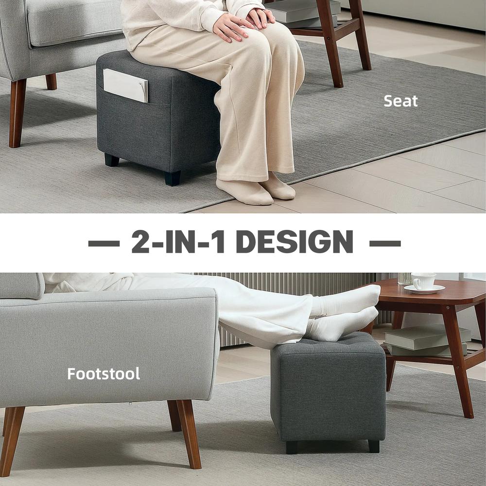 HOMCOM Square Footstool, Small Ottoman with Side Pocket, Linen Fabric Footrest Foot Stool with Rubber Wood Legs and Padded Seat for Living Room, Entryway, 35 x 35 x 35cm Additional View 4