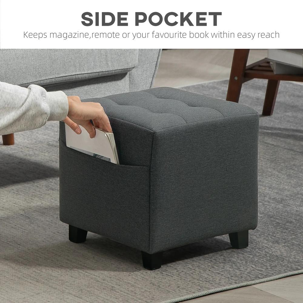 HOMCOM Square Footstool, Small Ottoman with Side Pocket, Linen Fabric Footrest Foot Stool with Rubber Wood Legs and Padded Seat for Living Room, Entryway, 35 x 35 x 35cm Additional View 5