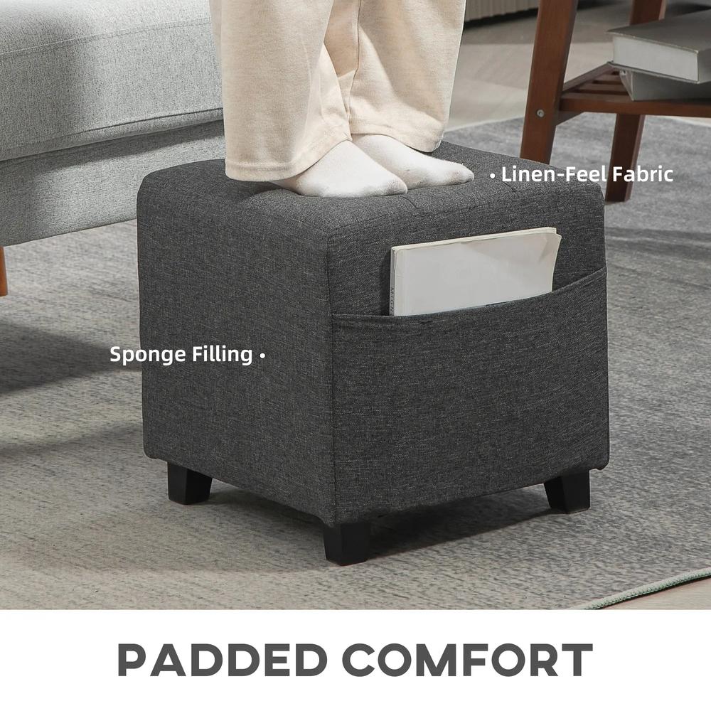 HOMCOM Square Footstool, Small Ottoman with Side Pocket, Linen Fabric Footrest Foot Stool with Rubber Wood Legs and Padded Seat for Living Room, Entryway, 35 x 35 x 35cm Additional View 6