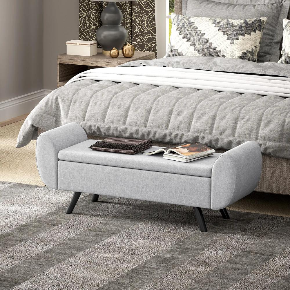 HOMCOM Storage Ottoman with Armrest, Window Seat, Upholstered Linen Storage Bench with Rubberwood Legs, Footstool for Bedroom Living Room, Hallway Additional View 2