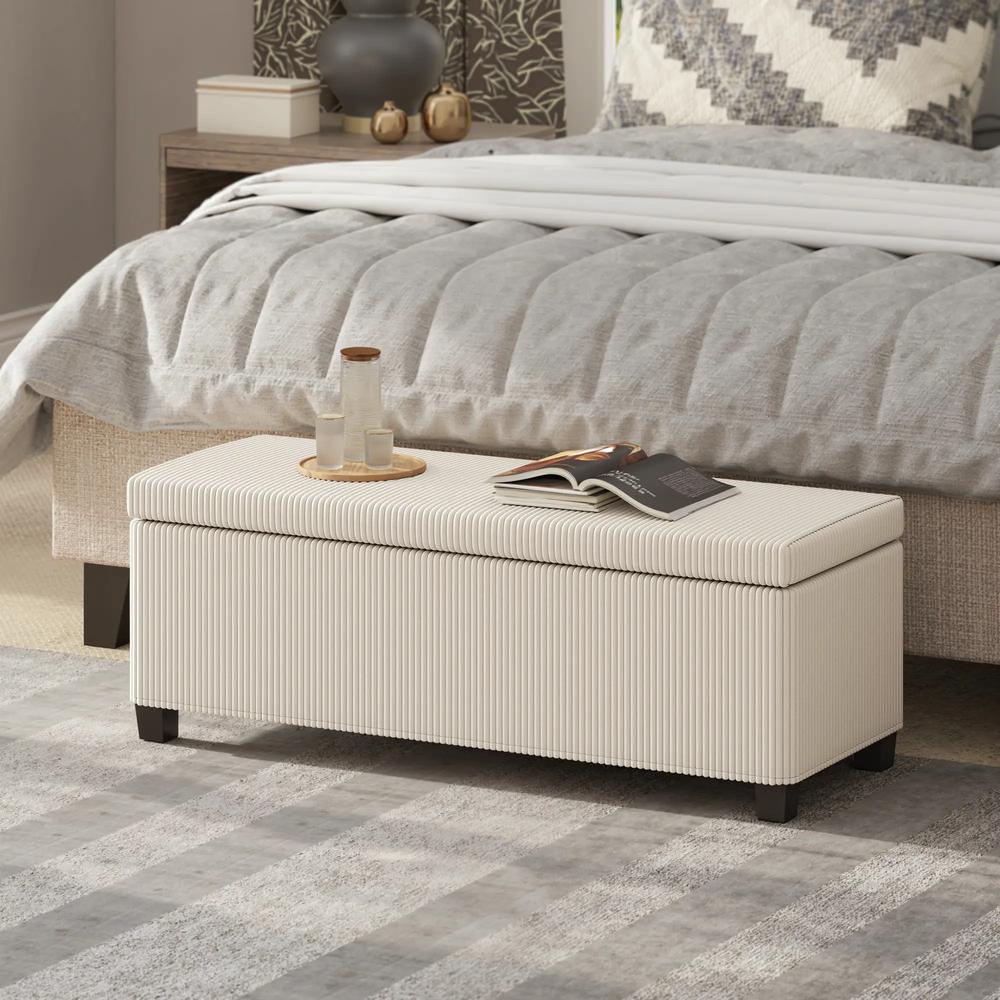 HOMCOM Storage Ottoman Bench, Corduroy Storage Chest Box with Wooden Legs, 112cm Bed End Bench for Living Room, Bedroom, Entryway, Hallway, Beige Additional View 2