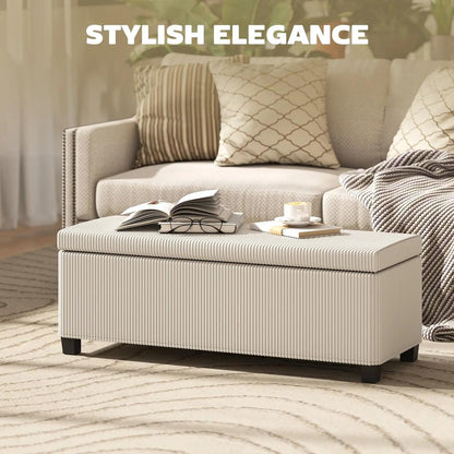 HOMCOM Storage Ottoman Bench, Corduroy Storage Chest Box with Wooden Legs, 112cm Bed End Bench for Living Room, Bedroom, Entryway, Hallway, Beige Additional View 4