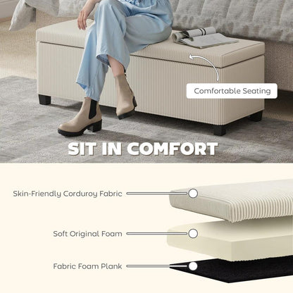 HOMCOM Storage Ottoman Bench, Corduroy Storage Chest Box with Wooden Legs, 112cm Bed End Bench for Living Room, Bedroom, Entryway, Hallway, Beige Additional View 5