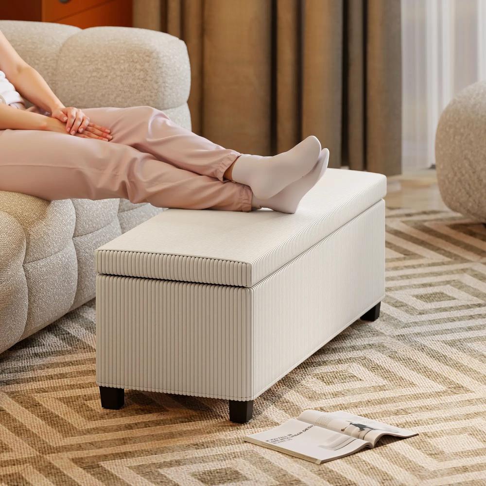 HOMCOM Storage Ottoman Bench, Corduroy Storage Chest Box with Wooden Legs, 112cm Bed End Bench for Living Room, Bedroom, Entryway, Hallway, Beige Additional View 8