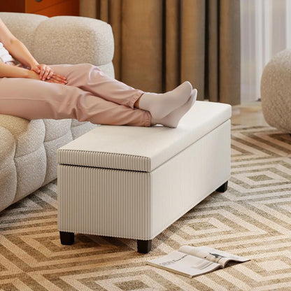 HOMCOM Storage Ottoman Bench, Corduroy Storage Chest Box with Wooden Legs, 112cm Bed End Bench for Living Room, Bedroom, Entryway, Hallway, Beige Additional View 8