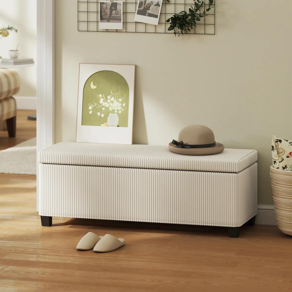 HOMCOM Storage Ottoman Bench, Corduroy Storage Chest Box with Wooden Legs, 112cm Bed End Bench for Living Room, Bedroom, Entryway, Hallway, Beige Additional View 10