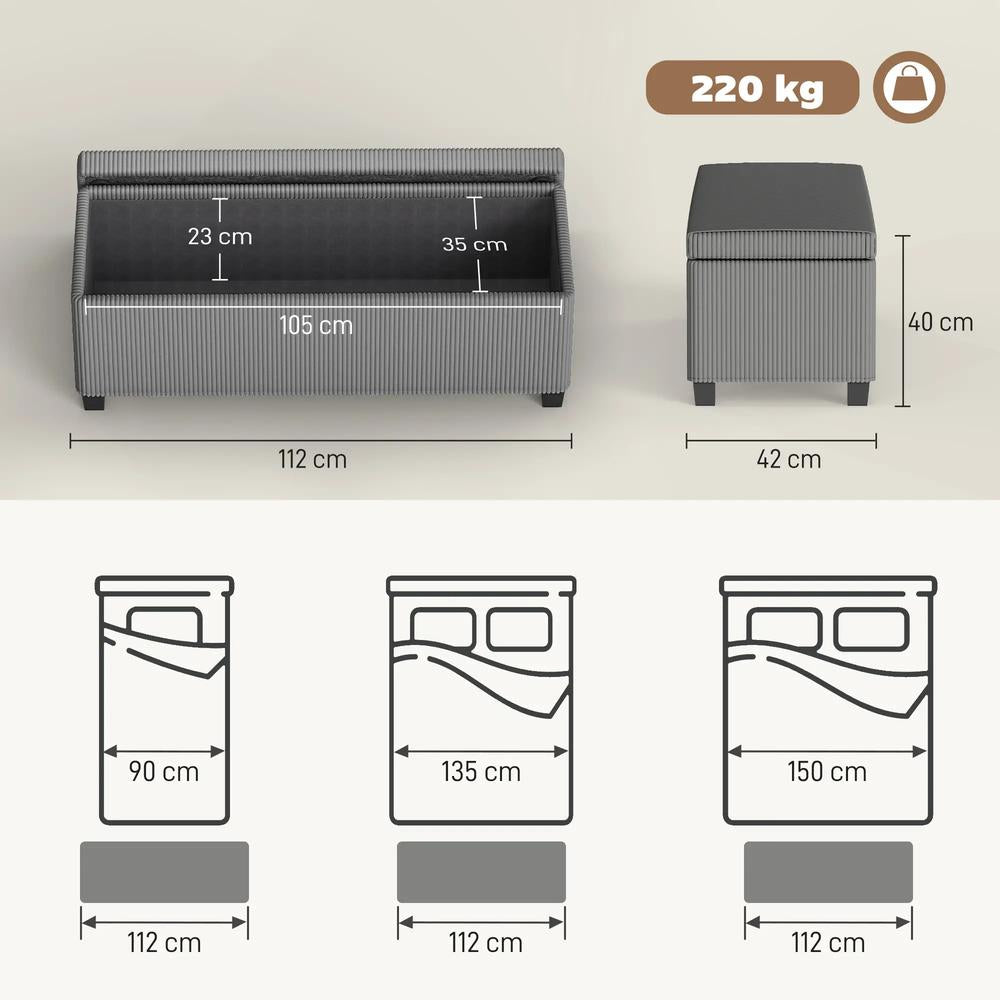HOMCOM 84L Corduroy Storage Ottoman - Grey Additional View 3