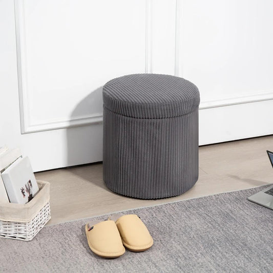 HOMCOM 40cm Round Storage Ottoman, Corduroy Footstool with Removable Lid and Legs, Vanity Stool for Living Room, Bedroom