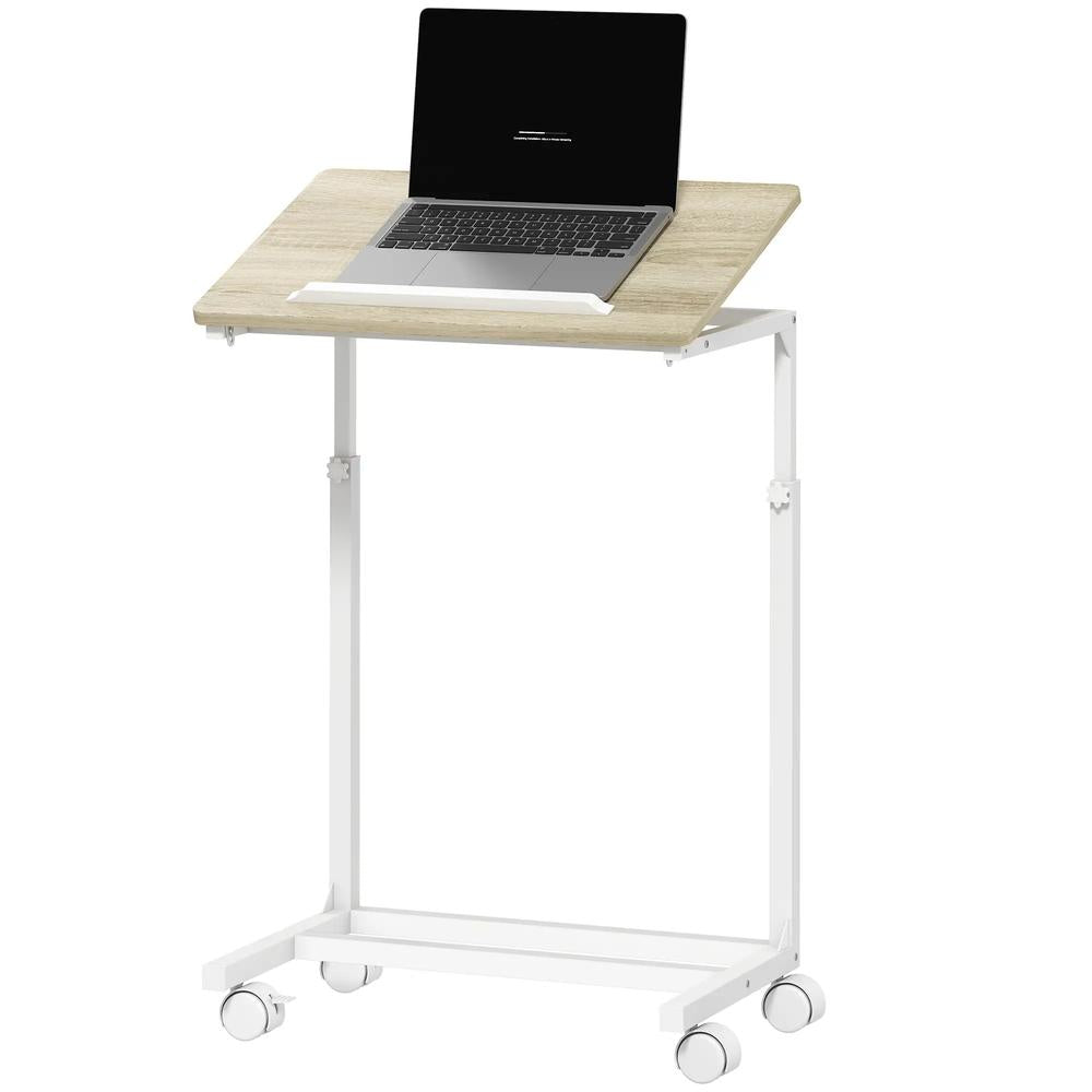 HOMCOM C-Shaped Sofa Side Table, Height Adjustable Overbed Table with Tilting Desktop, Mobile Laptop Desk for Living Room Bedroom, Oak and White Additional View 11