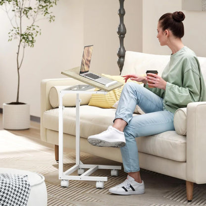 HOMCOM C-Shaped Sofa Side Table, Height Adjustable Overbed Table with Tilting Desktop, Mobile Laptop Desk for Living Room Bedroom, Oak and White Additional View 2