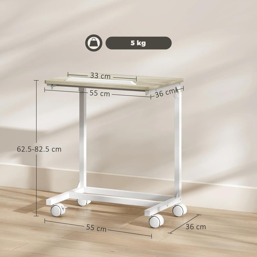 HOMCOM C-Shaped Sofa Side Table, Height Adjustable Overbed Table with Tilting Desktop, Mobile Laptop Desk for Living Room Bedroom, Oak and White Additional View 3