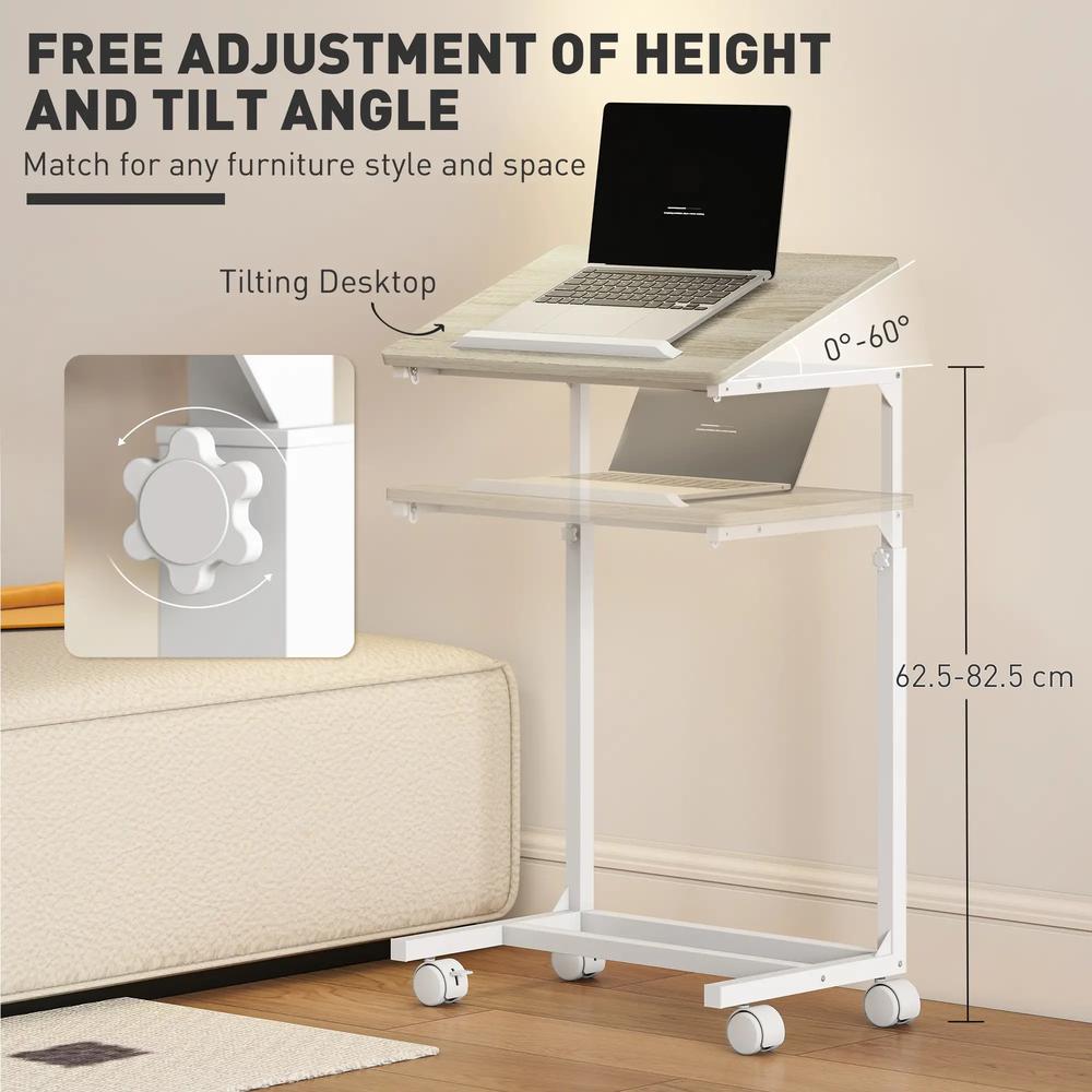HOMCOM C-Shaped Sofa Side Table, Height Adjustable Overbed Table with Tilting Desktop, Mobile Laptop Desk for Living Room Bedroom, Oak and White Additional View 4