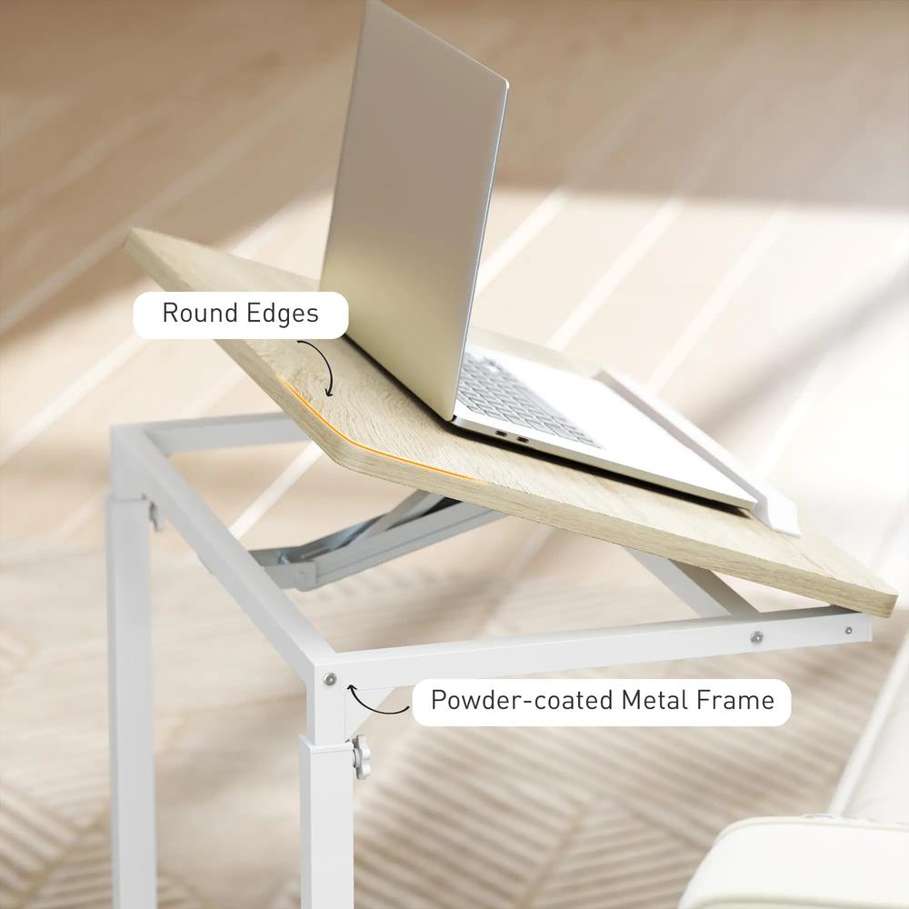 HOMCOM C-Shaped Sofa Side Table, Height Adjustable Overbed Table with Tilting Desktop, Mobile Laptop Desk for Living Room Bedroom, Oak and White Additional View 6