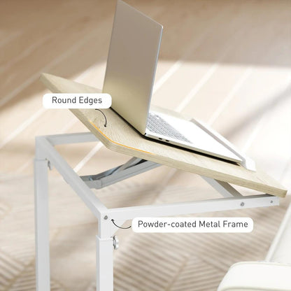 HOMCOM C-Shaped Sofa Side Table, Height Adjustable Overbed Table with Tilting Desktop, Mobile Laptop Desk for Living Room Bedroom, Oak and White Additional View 6
