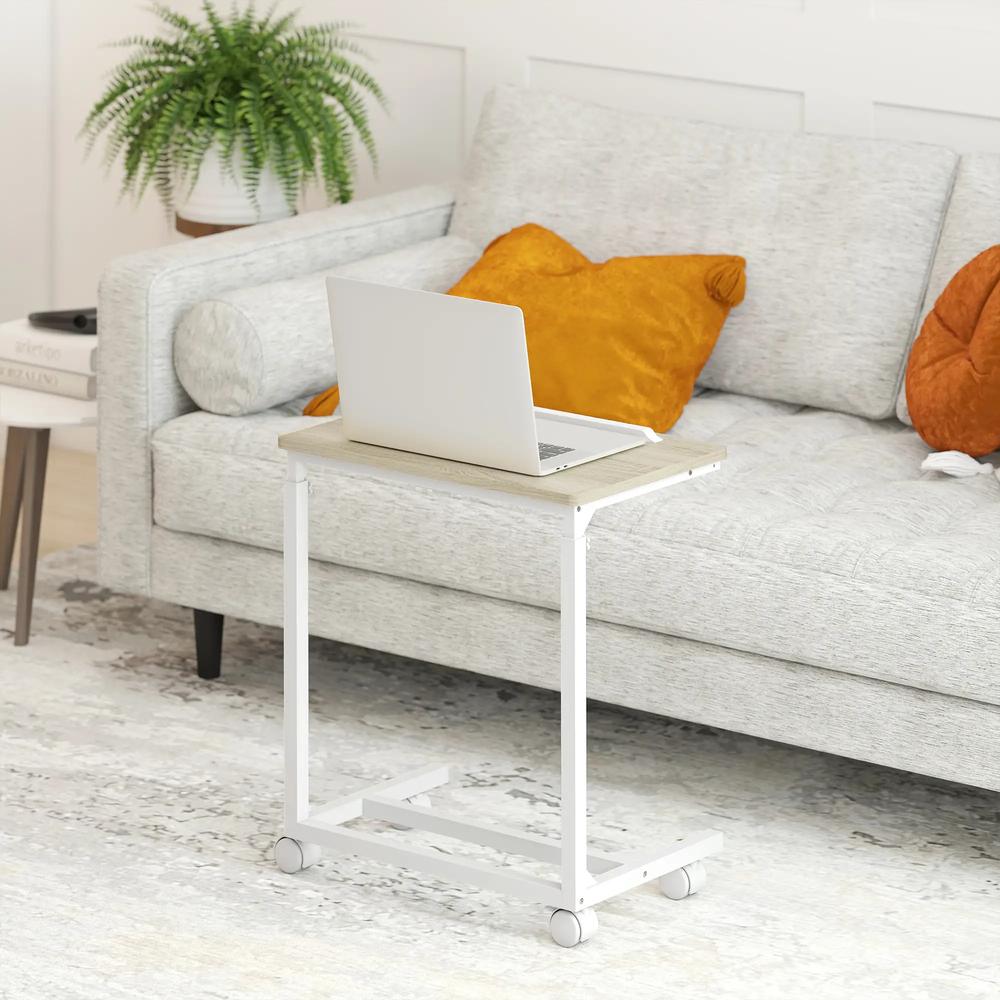 HOMCOM C-Shaped Sofa Side Table, Height Adjustable Overbed Table with Tilting Desktop, Mobile Laptop Desk for Living Room Bedroom, Oak and White Additional View 7