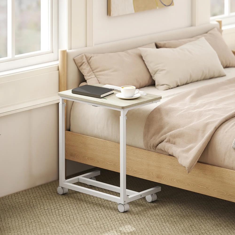 HOMCOM C-Shaped Sofa Side Table, Height Adjustable Overbed Table with Tilting Desktop, Mobile Laptop Desk for Living Room Bedroom, Oak and White Additional View 8