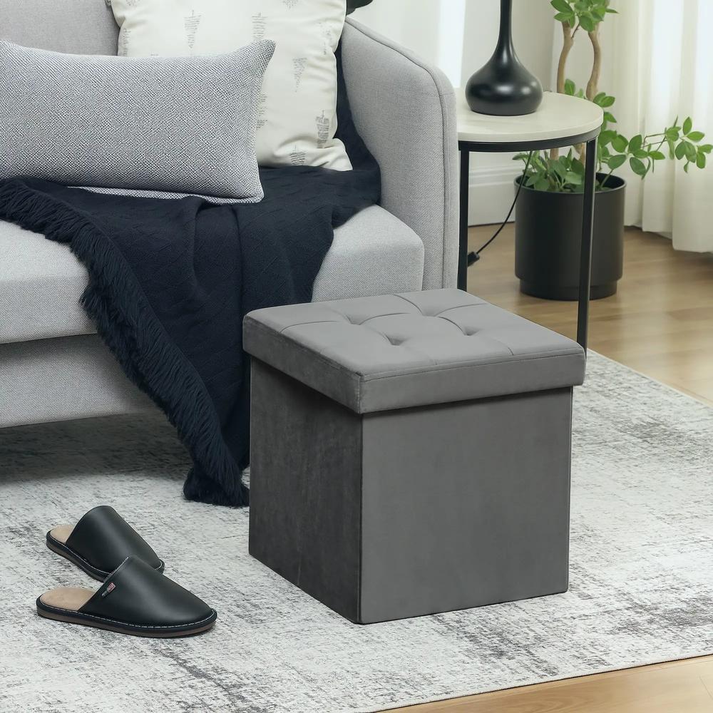 HOMCOM Foldable Velvet-Feel Storage Ottoman - Grey Additional View 2