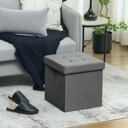 HOMCOM Foldable Velvet-Feel Storage Ottoman - Grey Additional View 2