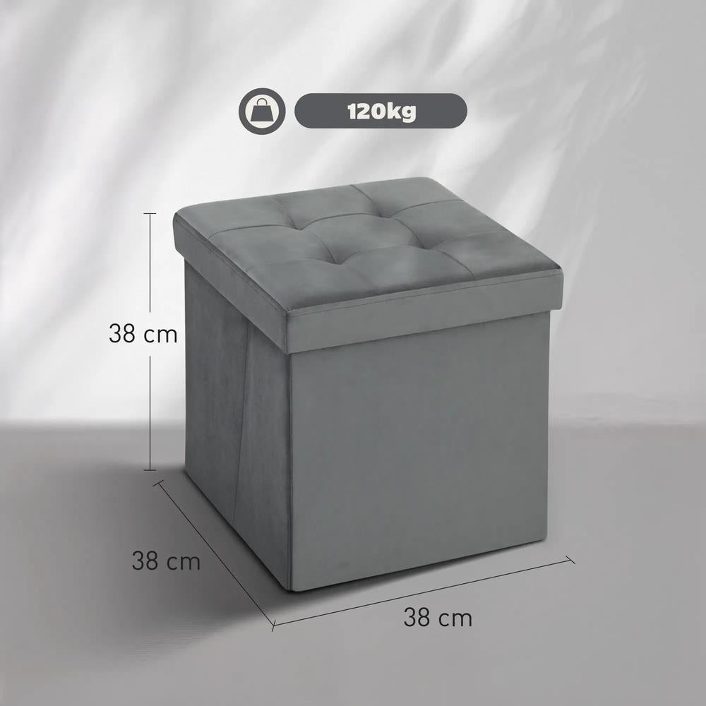 HOMCOM Foldable Velvet-Feel Storage Ottoman - Grey Additional View 3