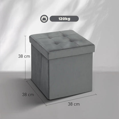 HOMCOM Foldable Velvet-Feel Storage Ottoman - Grey Additional View 3