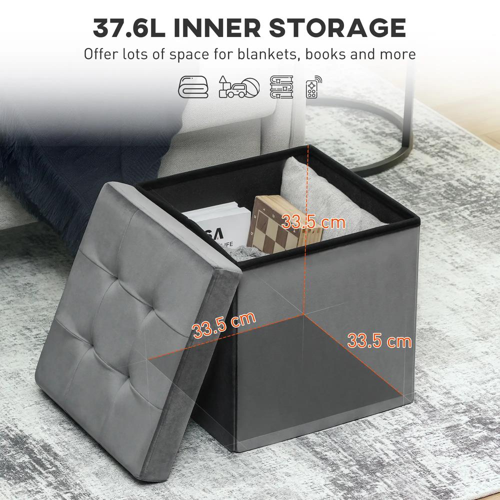 HOMCOM Foldable Velvet-Feel Storage Ottoman - Grey Additional View 4