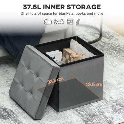 HOMCOM Foldable Velvet-Feel Storage Ottoman - Grey Additional View 4