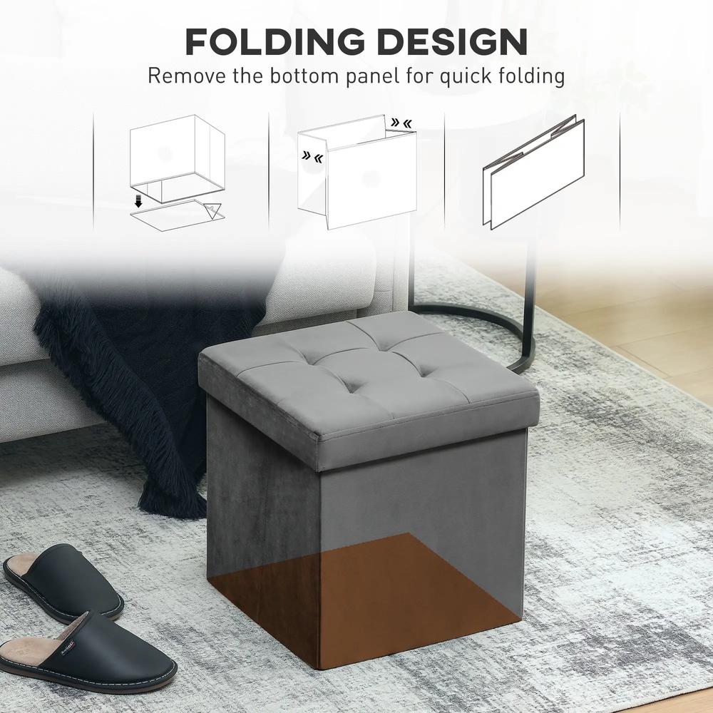 HOMCOM Foldable Velvet-Feel Storage Ottoman - Grey Additional View 6
