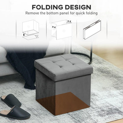 HOMCOM Foldable Velvet-Feel Storage Ottoman - Grey Additional View 6