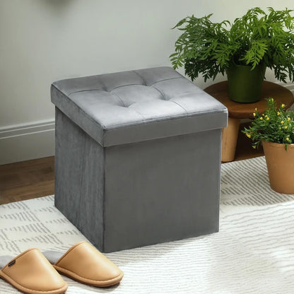 HOMCOM Foldable Velvet-Feel Storage Ottoman - Grey Additional View 7
