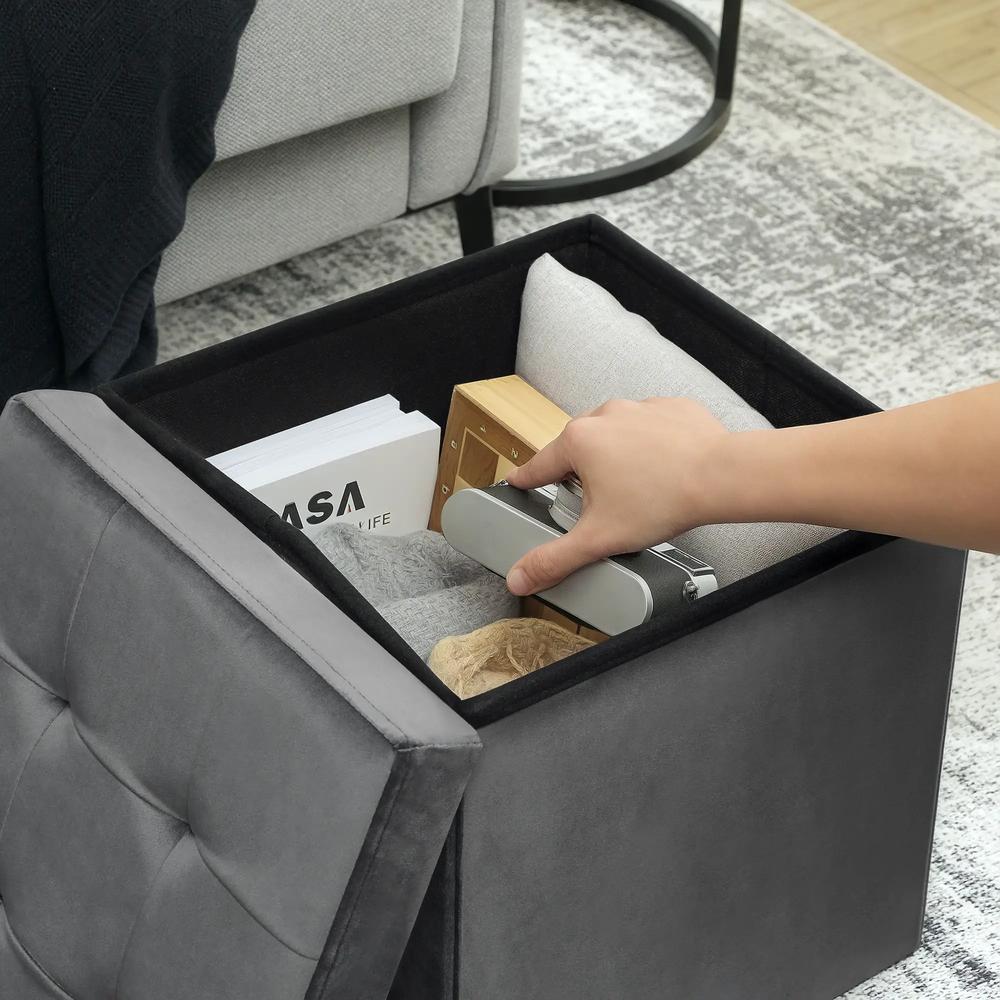 HOMCOM Foldable Velvet-Feel Storage Ottoman - Grey Additional View 8