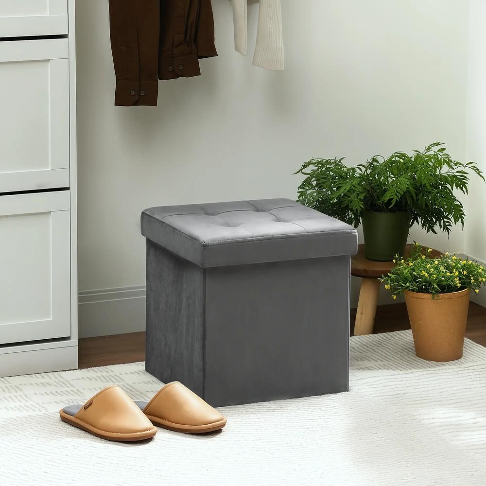 HOMCOM Foldable Velvet-Feel Storage Ottoman - Grey Additional View 10