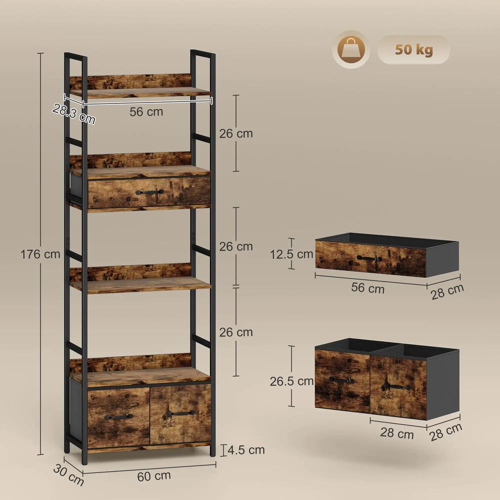 HOMCOM Industrial Style Bookcase, with 4 Shelves and 3 Fabric Drawers Additional View 3
